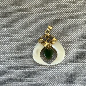 Vintage White Jade Double Tooth with Dangle Heart Pendant